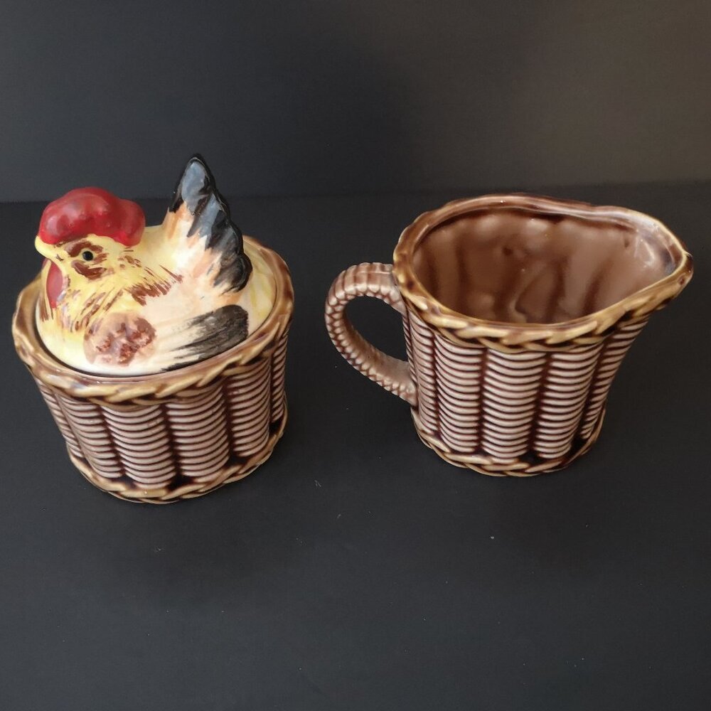 Vintage Rossini Ceramic Hen-On-A-Nest Sugar Bowl & Creamer Set 1950's